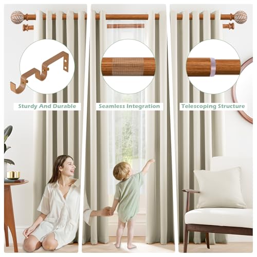 TANGWIN Boho Wooden Curtain Rods for Windows 66 to 120:TANGWIN 1" Heavy Duty Double Curtain Rod with Imitation Wood Grain Finials Farmhouse Decorative Wood Curtain Rod Dual Adjustable for Living Room Bedroom - Image 2