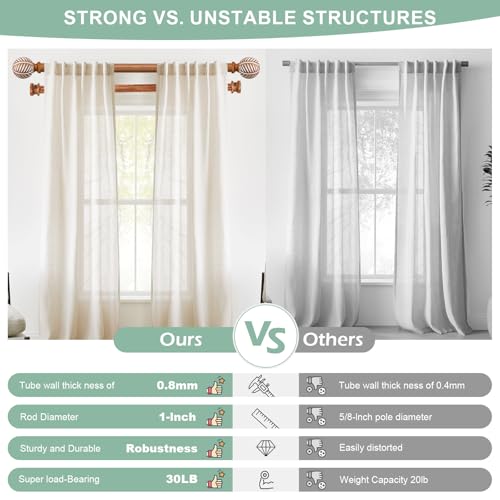 TANGWIN Boho Wooden Curtain Rods for Windows 66 to 120:TANGWIN 1" Heavy Duty Double Curtain Rod with Imitation Wood Grain Finials Farmhouse Decorative Wood Curtain Rod Dual Adjustable for Living Room Bedroom - Image 3
