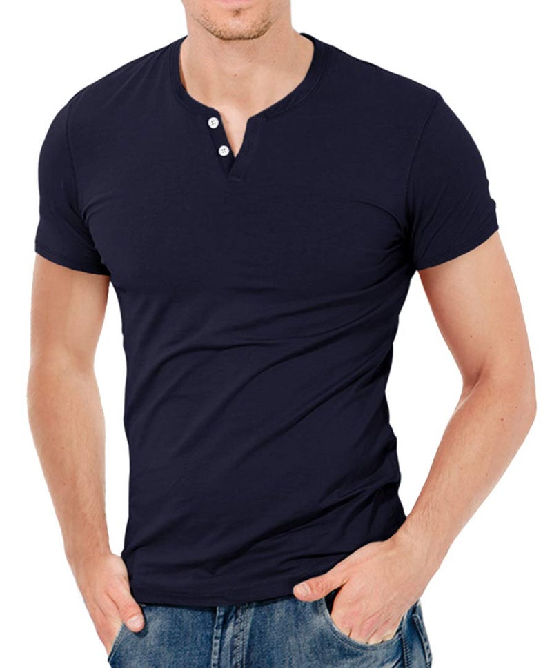 KUYIGO Men's Casual Slim Fit Short Sleeve Henley Tops T-Shirts V Neck Button Classic Cotton Shirts Navy Large - Image 3