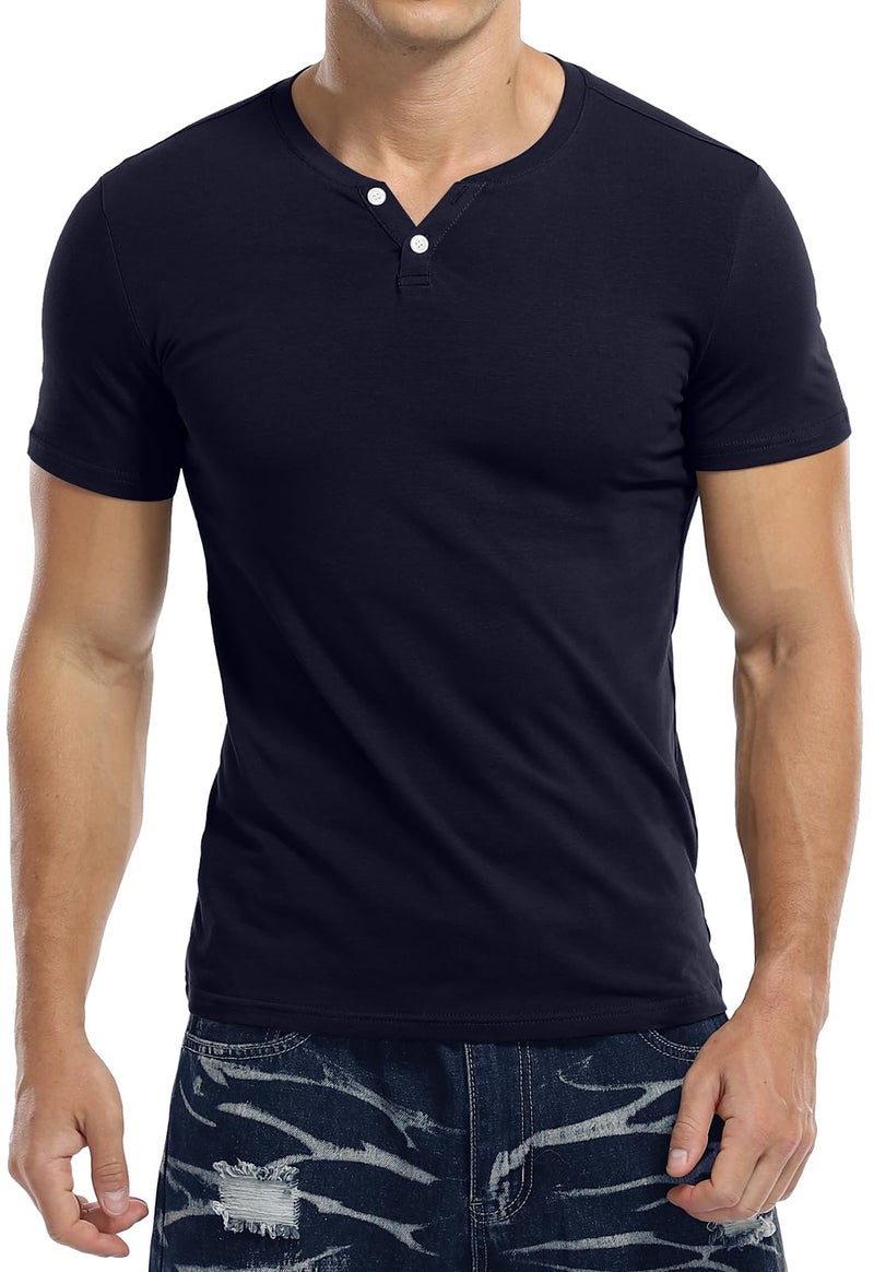 KUYIGO Men's Casual Slim Fit Short Sleeve Henley Tops T-Shirts V Neck Button Classic Cotton Shirts Navy Large - Image 4