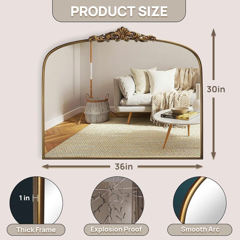 Wemily Vintage Gold Arched Wall Mirror 36"x30" â€“ Ornate Baroque Style Antique Brass Frame, Decorative Large Mirror for Entryway, Living Room, Fireplace, Hallway, Bathroom - Image 2