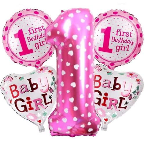 FI - FLICK IN 1st Birthday Decoration Theme for Baby Girl, First Year Bday Supplies Items Number 1 Foil Balloon, 2 Round and 2 heart Foil Balloons for Kids Gifts Set (Pink, 5 Pieces) - Image 1