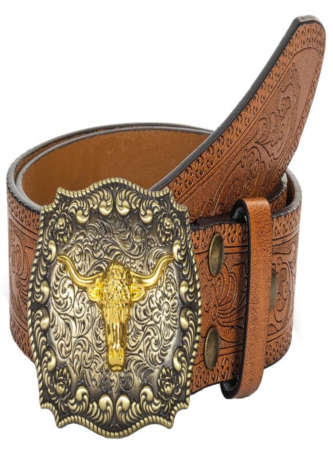 FGSS Western-Cowboy Leather-Belts for Women-Men - Longhorn-Bull-Buckle Embossed Belt for Jeans Cowgirl Floral Engraved Belts - Image 1