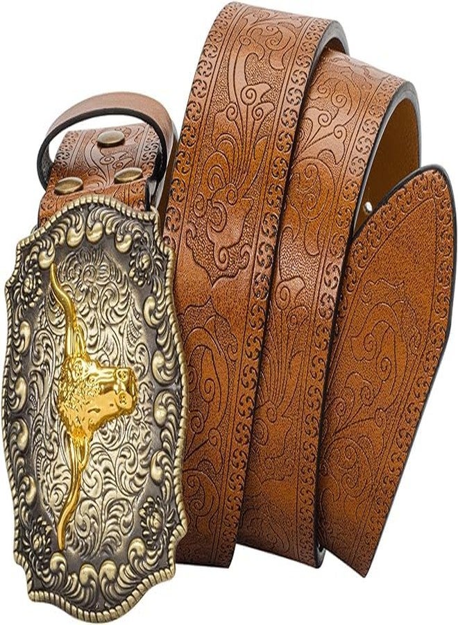 FGSS Western-Cowboy Leather-Belts for Women-Men - Longhorn-Bull-Buckle Embossed Belt for Jeans Cowgirl Floral Engraved Belts - Image 2