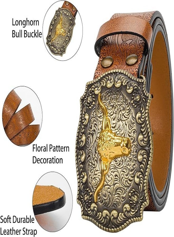 FGSS Western-Cowboy Leather-Belts for Women-Men - Longhorn-Bull-Buckle Embossed Belt for Jeans Cowgirl Floral Engraved Belts - Image 3