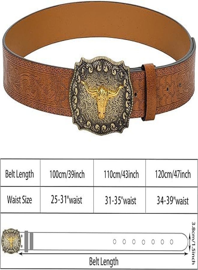FGSS Western-Cowboy Leather-Belts for Women-Men - Longhorn-Bull-Buckle Embossed Belt for Jeans Cowgirl Floral Engraved Belts - Image 5