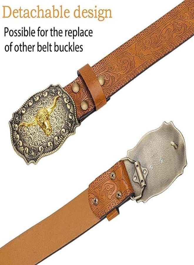 FGSS Western-Cowboy Leather-Belts for Women-Men - Longhorn-Bull-Buckle Embossed Belt for Jeans Cowgirl Floral Engraved Belts - Image 4