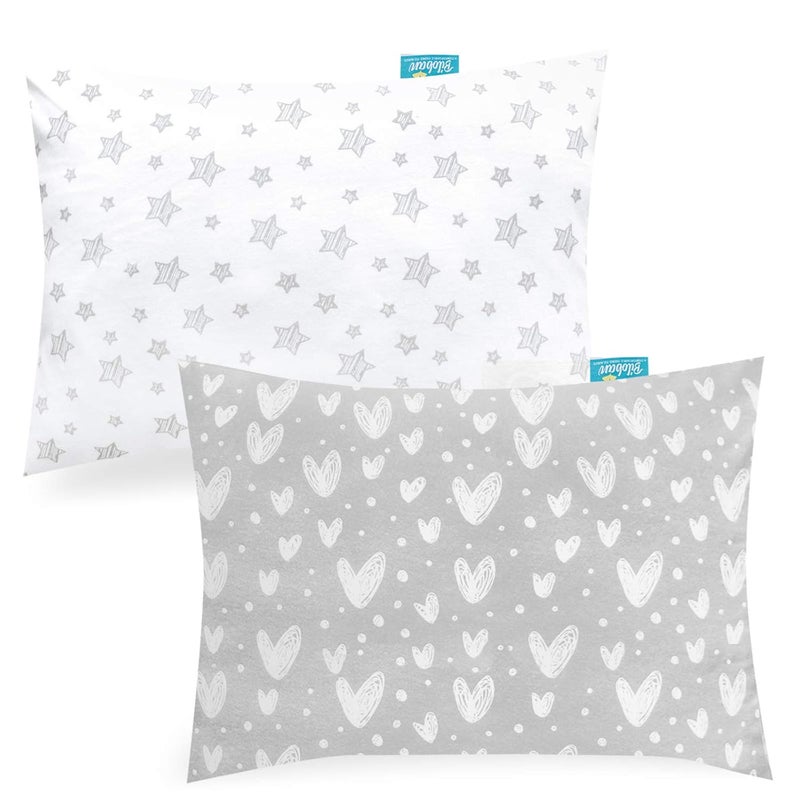 Biloban Organic Cotton Toddler Pillowcase 2 Pack Pillowcase Only Kids Pillowcase for Sleeping Fit Pillow Sized 13 x 18 or 14 x 19 Envelope Travel Pillow Case for Girl Boy Gray Heart  White Star - Image 1