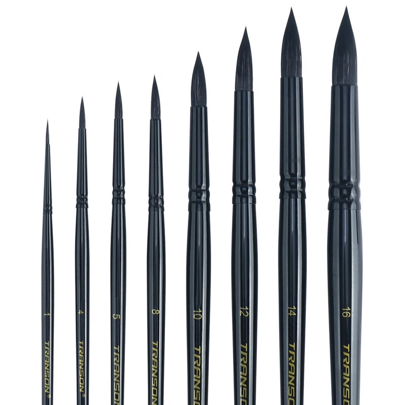 Transon 8pcs Round Watercolor Paint Brush Set Goat Hair for WatercolorsAcrylicsInksGouacheOil and Tempera Black Color