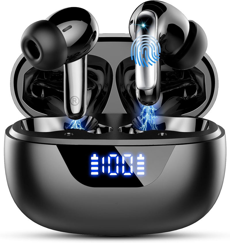 PEFUPEW Wireless Earbuds, Bluetooth 5.4 Headphones with Mic HiFi Stereo Sound, Deep Bass Ear buds, ENC Noise Cancelling, Earphones 48H, LED Display, IP7 Waterproof in Ear Earbud for Phone Workout Sport Black - Image 1