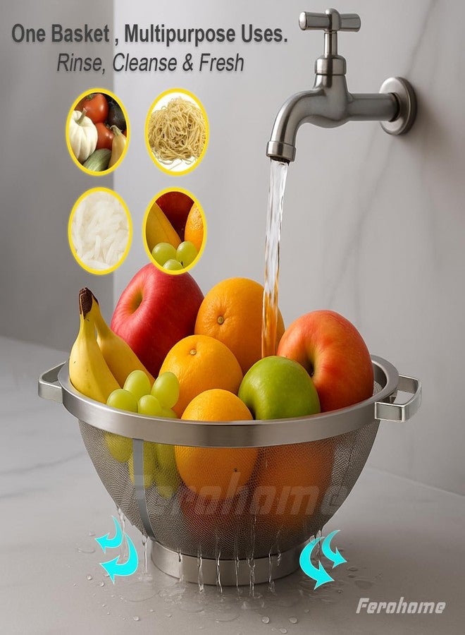 Ferohome 14 Inch 304 Stainless Steel Colander Basket|Free Cleaning Brush and Multi Fiber Cloth |Mesh Filter for Rinsing Rice, Washing Vegetables & Draining Pasta | Heavy-Duty Basket with Handles - Image 5
