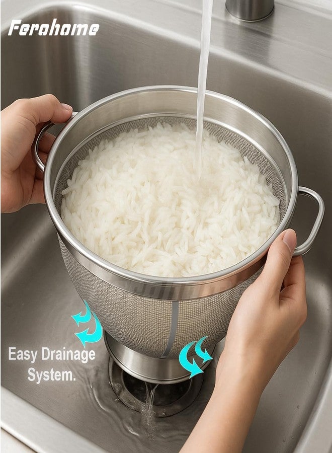 Ferohome 14 Inch 304 Stainless Steel Colander Basket|Free Cleaning Brush and Multi Fiber Cloth |Mesh Filter for Rinsing Rice, Washing Vegetables & Draining Pasta | Heavy-Duty Basket with Handles - Image 3