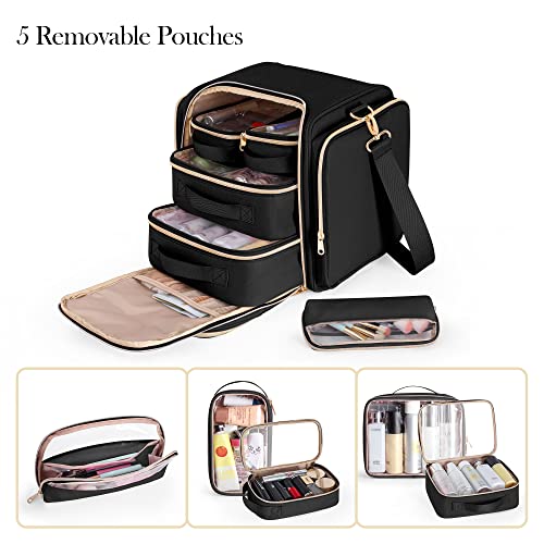 Prokva Travel Makeup Bag with 5 Removable Cases, Large Cosmetic Case Make up Organizer with Strap and Multiple Storage Pockets, Black (Patented Design) - Image 2