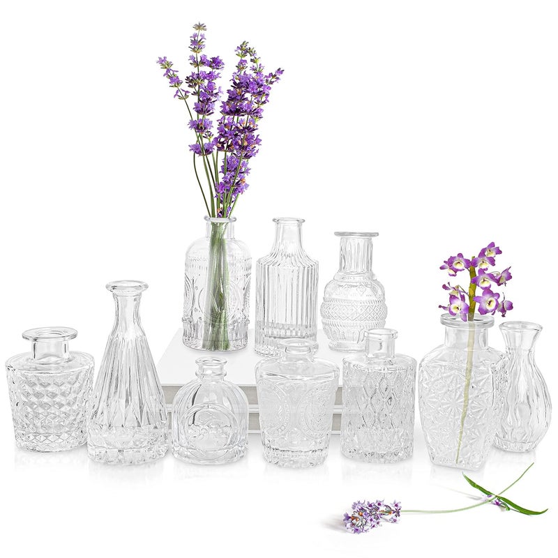 ABOUT SPACE Glass Bud Flower Vase – Pack of 10 Clear Glass Centrepiece for Mini Flowers-Sturdy Textured Drop Shaped Antique Collections for Wedding Decorations & Table Top Decor for Home,Restaurants - Image 1