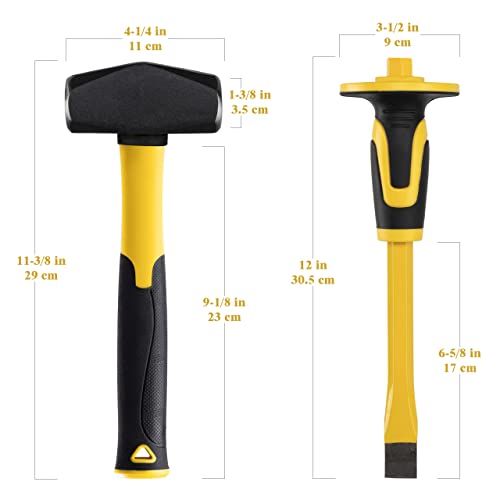 KURUI 3lb Sledge Hammer & Flat Chisel with Hand Protection for Tile/Rock/Masonry/Concrete/Brick/rockhounding, Mason Flat Head Chisel & Small Drilling Hammer with Anti-Slip Handle - Image 2