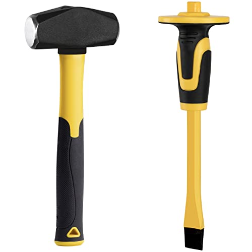 KURUI 3lb Sledge Hammer & Flat Chisel with Hand Protection for Tile/Rock/Masonry/Concrete/Brick/rockhounding, Mason Flat Head Chisel & Small Drilling Hammer with Anti-Slip Handle - Image 1