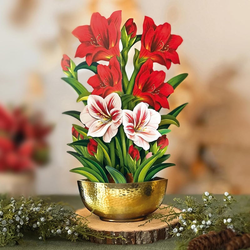 Freshcut Paper Pop Up Cards, Scarlet Amaryllis, 16 Inch Life Sized Forever Flower Bouquet 3D Popup Greeting Cards, Christmas Cards, Holiday Gift Cards with Note Card and Envelope - Image 2