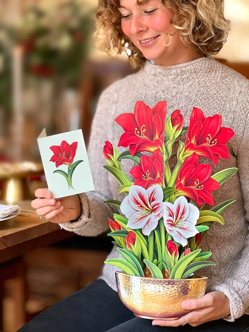 Freshcut Paper Pop Up Cards, Scarlet Amaryllis, 16 Inch Life Sized Forever Flower Bouquet 3D Popup Greeting Cards, Christmas Cards, Holiday Gift Cards with Note Card and Envelope - Image 5