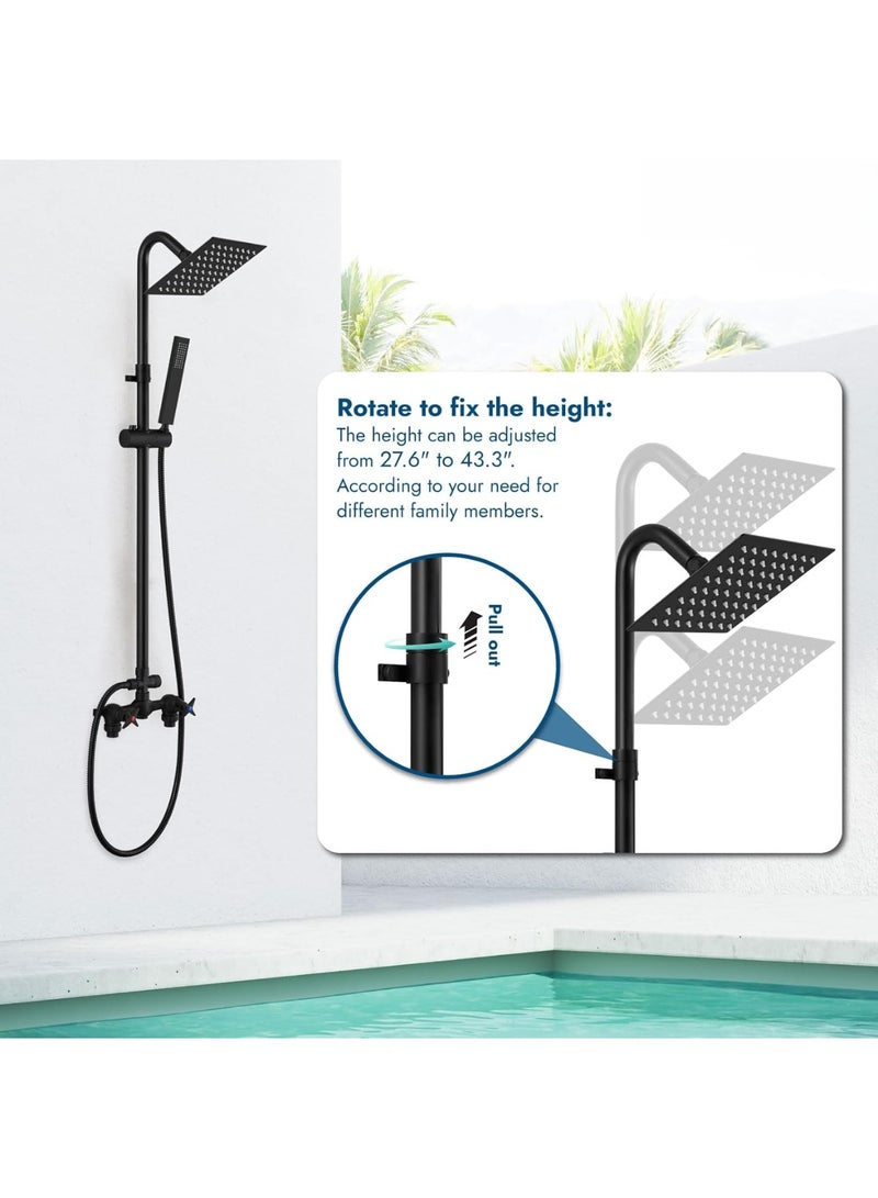 YelaJoy Wall Mounted Outdoor Shower System Matte Black 6" Square Rainfall Shower head with Hand Held Spray Double Cross Handles with Adjustable Slide Bar Two Function Exposed Shower Kit  - Image 3