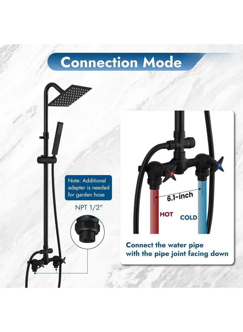 YelaJoy Wall Mounted Outdoor Shower System Matte Black 6" Square Rainfall Shower head with Hand Held Spray Double Cross Handles with Adjustable Slide Bar Two Function Exposed Shower Kit  - Image 4