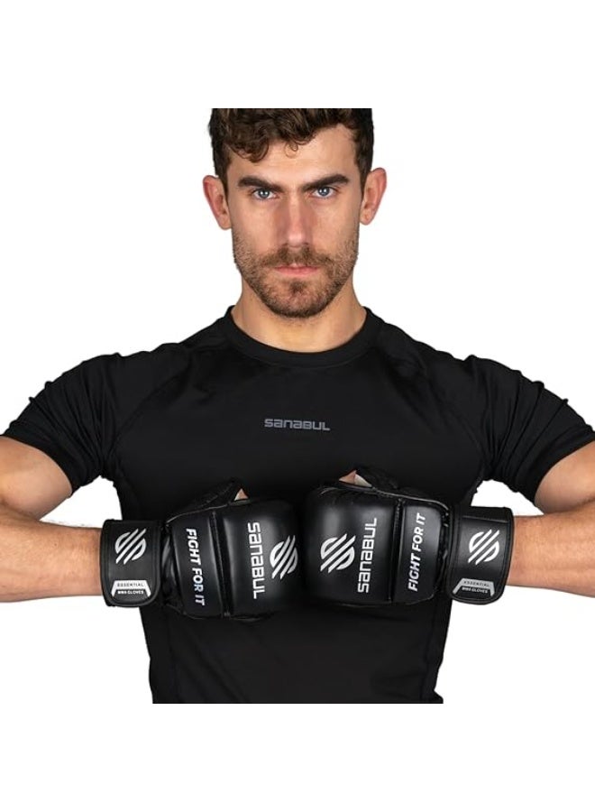 Sanabul  Essential MMA Gloves – 7 oz Black/Silver (Small/Medium) | Hybrid Sparring & Training Gloves for Men & Women | Kickboxing & Grappling Martial Arts Gloves  - Image 5