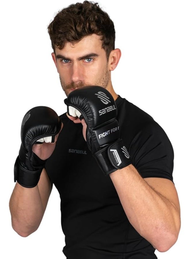 Sanabul  Essential MMA Gloves – 7 oz Black/Silver (Small/Medium) | Hybrid Sparring & Training Gloves for Men & Women | Kickboxing & Grappling Martial Arts Gloves  - Image 2