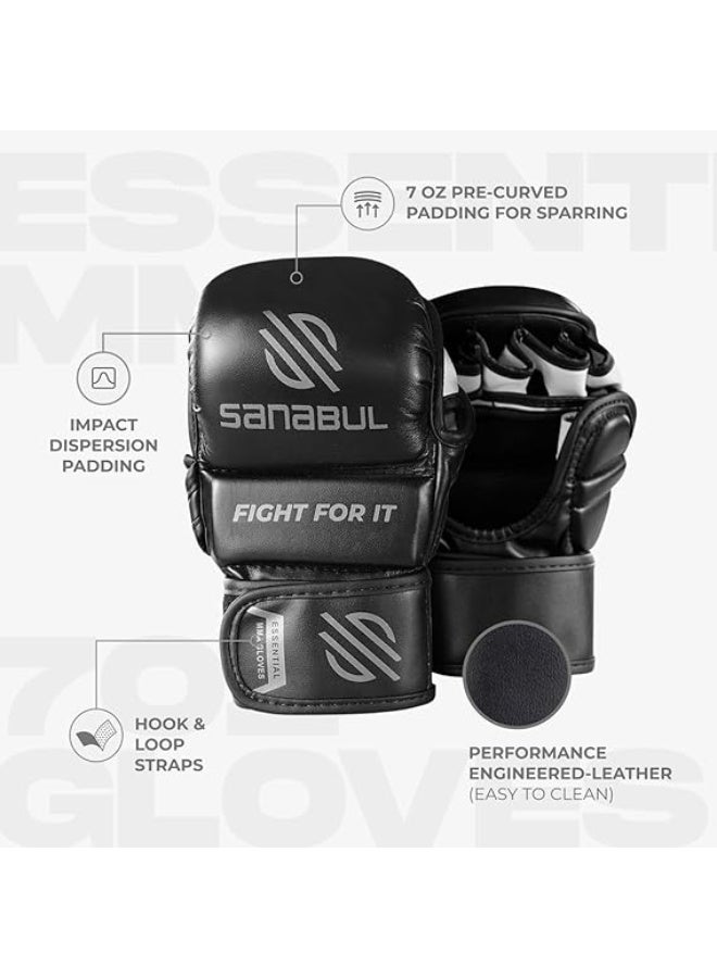Sanabul  Essential MMA Gloves – 7 oz Black/Silver (Small/Medium) | Hybrid Sparring & Training Gloves for Men & Women | Kickboxing & Grappling Martial Arts Gloves  - Image 3