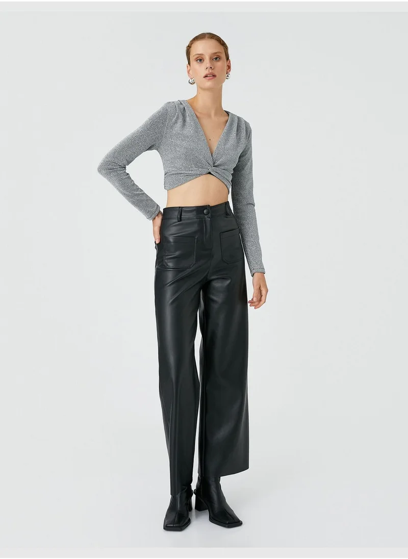 كوتون Long Sleeve Shirred V Neck Crop Blouse