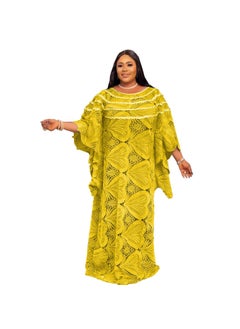 Generic African Womens Loose-Fit Long Dresses Elegant Commuting Dresses With Embroidered Lace Green Vestidos De Mujer Yellow  - Image 1
