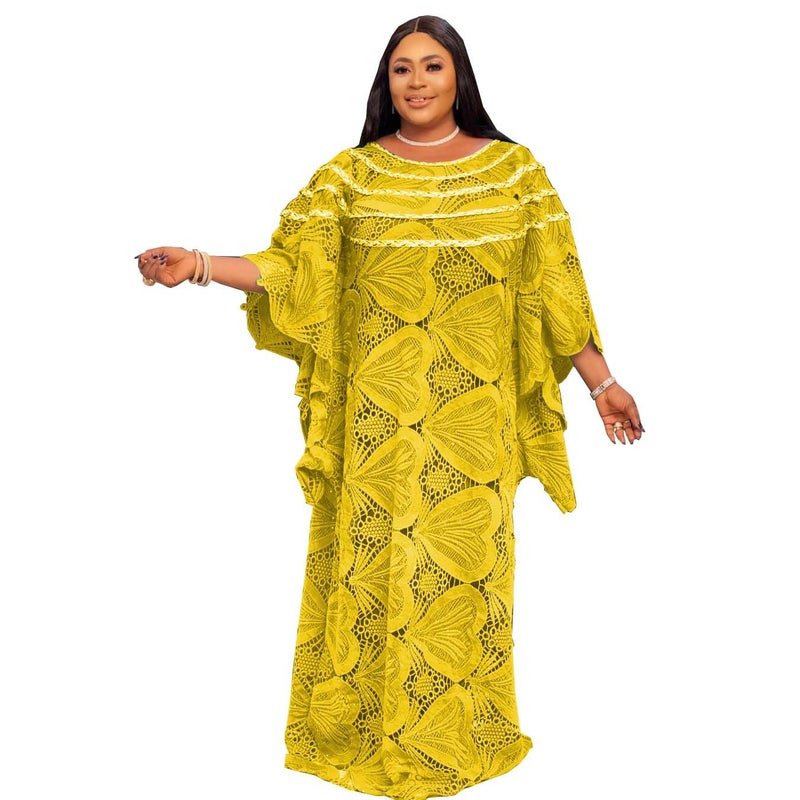 African Womens Gown Cross-border Supply Loose Green Long Skirt Beware Embroidered Lace Elegant Commuter Long Skirt Yellow