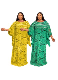 Generic African Womens Loose-Fit Long Dresses Elegant Commuting Dresses With Embroidered Lace Green Vestidos De Mujer Yellow  - Image 2