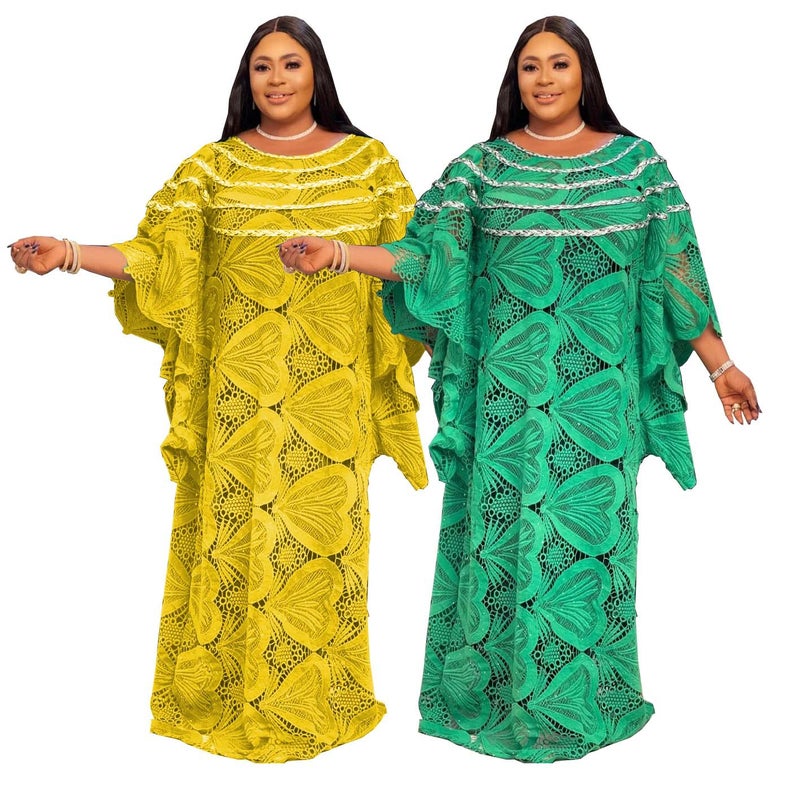 African Womens Gown Cross-border Supply Loose Green Long Skirt Beware Embroidered Lace Elegant Commuter Long Skirt Yellow