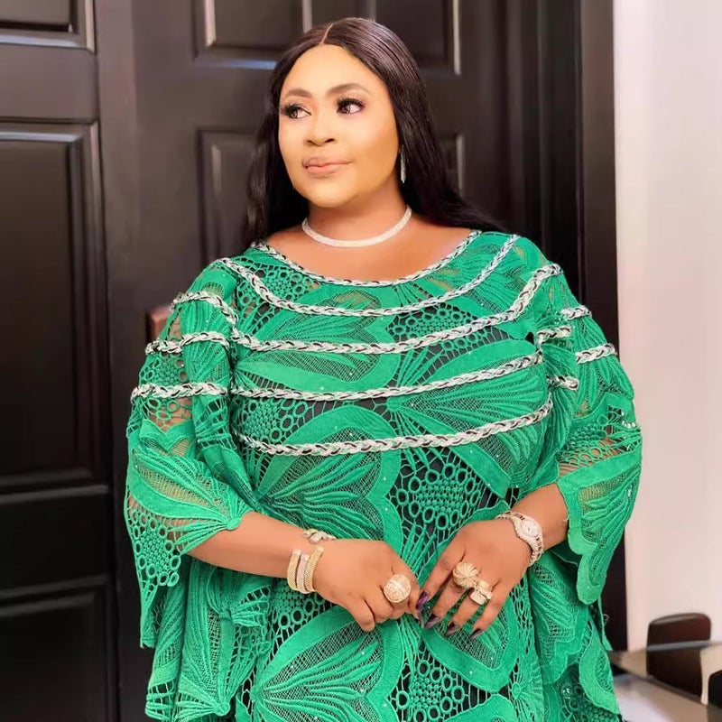 African Womens Gown Cross-border Supply Loose Green Long Skirt Beware Embroidered Lace Elegant Commuter Long Skirt Yellow