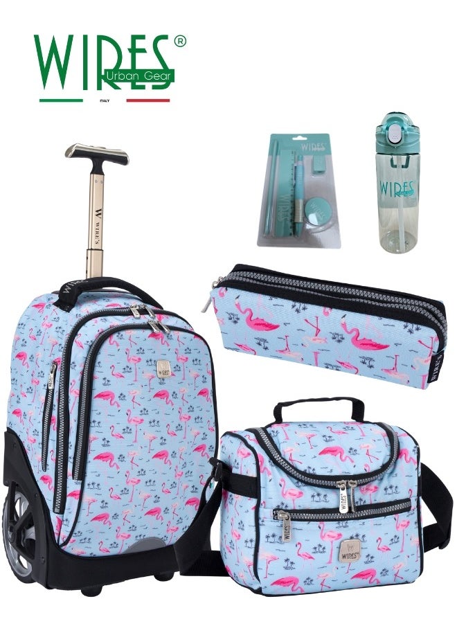 Wires 3 Piece Kids School Trolley Bag laptop compartment Big Wheels With Lunch bag & Pencil Case  - Image 1