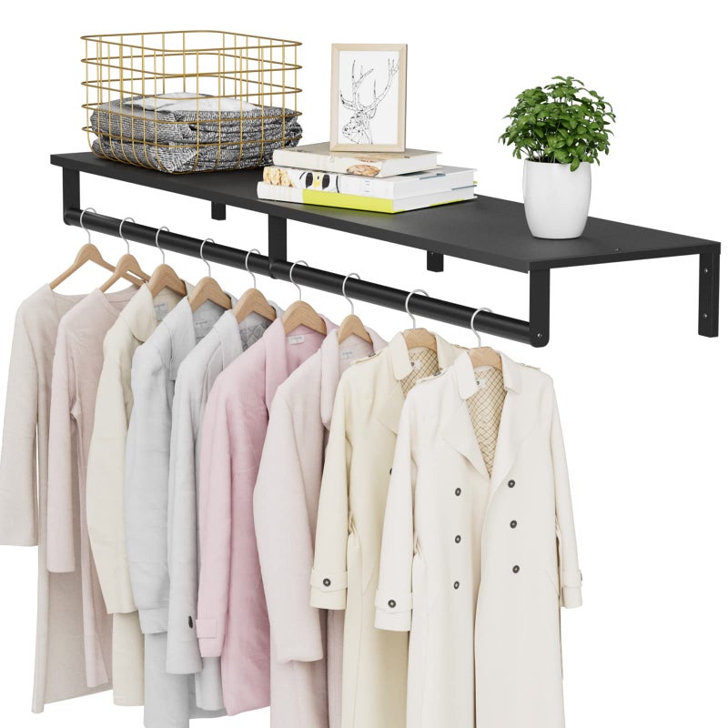 Audmore Wall Mounted Clothes Rack with Top Shelf, 41'' Industrial Clothing Rack Heavy Duty, Metal Shelf with Hanging Rod, Garment Rack Laundry Room Shelves, Space Saving - Image 1