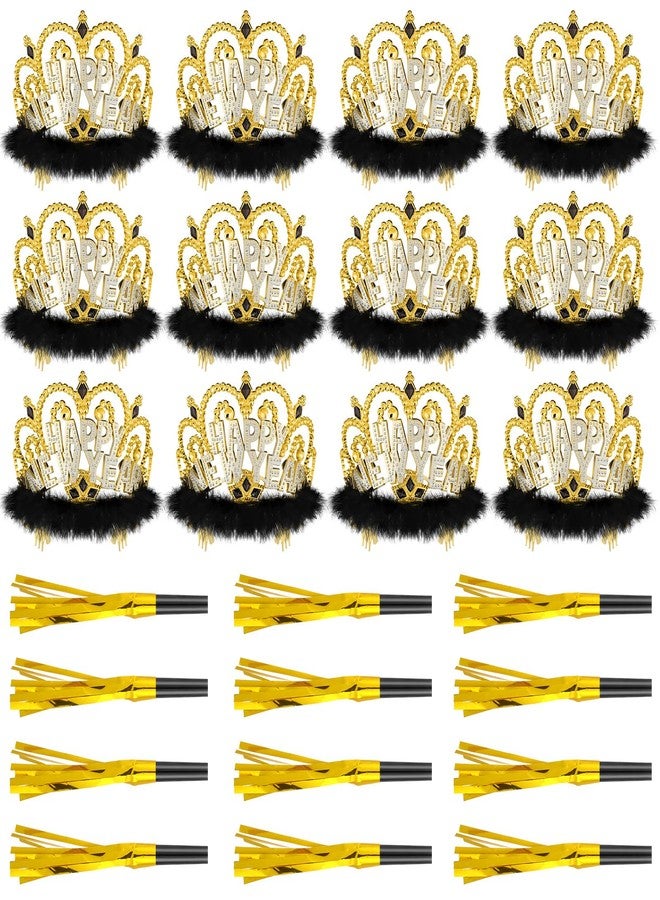 Leitee 24 Pcs 2026 New Years Eve Party Supplies Include 12 Happy New Year Headband Tiara Crow with Faux-fur 12 Squawkers Fringed Noisemakers for 2026 Year Eve Christmas Party Supplies - Image 1