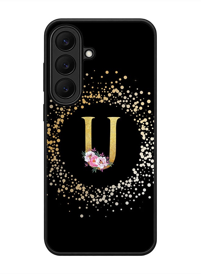 Stylizedd Rugged Case for Samsung Galaxy S26 FE- Slim Fit Hybrid Rubber Cover Floral Monogram - U (Black)