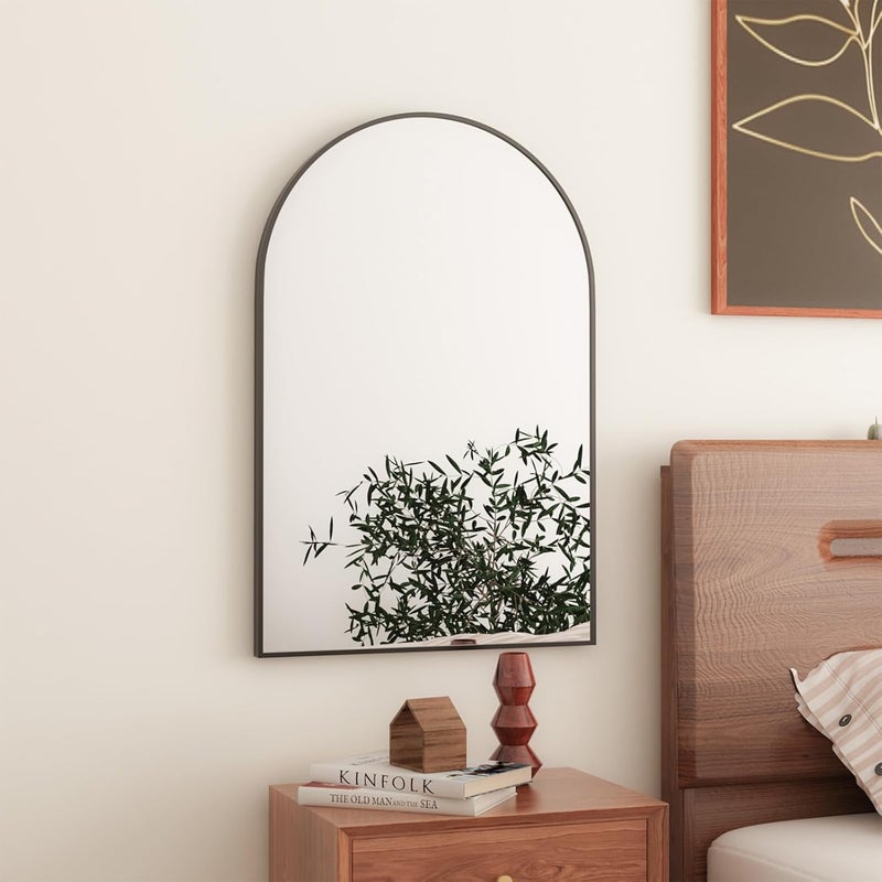 CASSILANDO مرآة حائط مقوسة، 50 × 75 سم مرآة حمام مقببة سوداء، مرآة مكياج كبيرة بإطار معدني، مرآة حائط مقوسة للمدخل، الموقد، غرفة النوم (أسود) - Image 4
