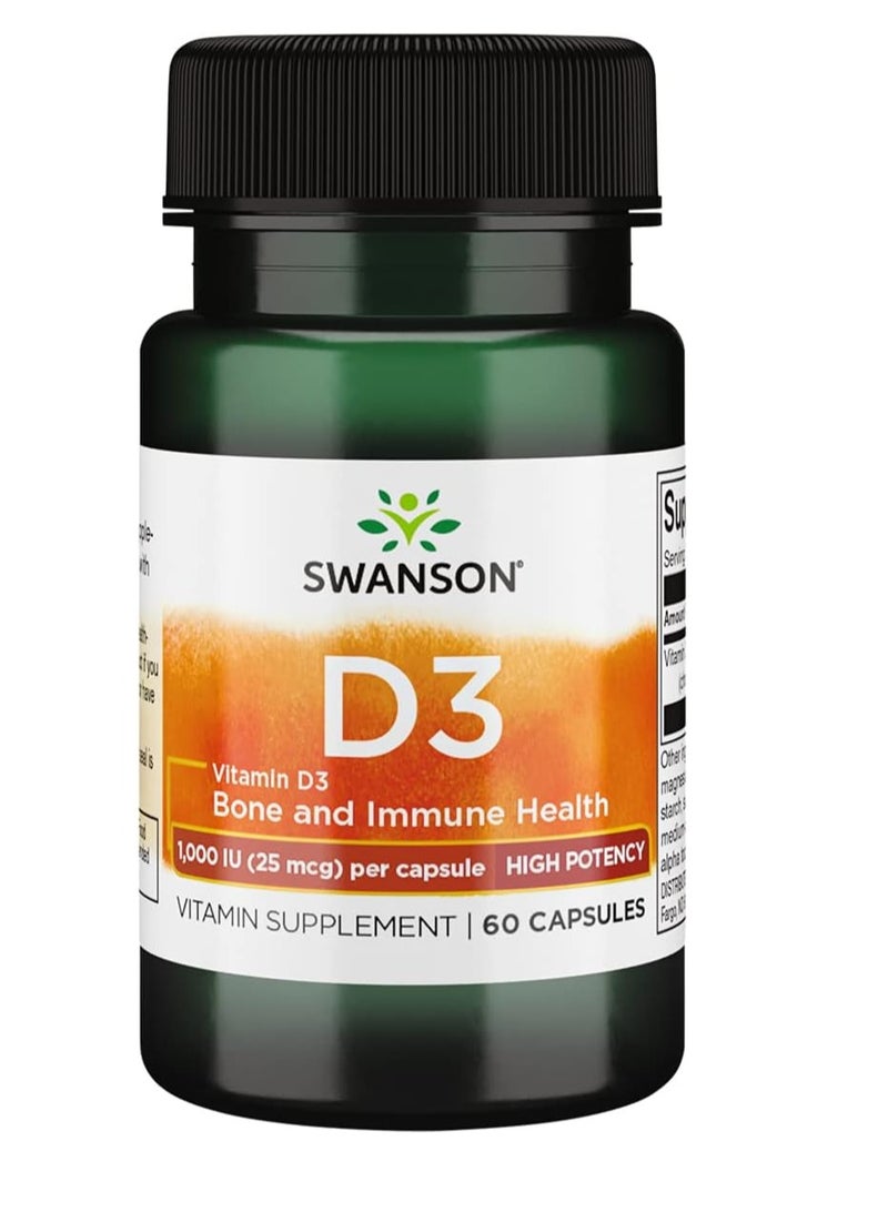سوانسون فيتامين د3، عالي الفعالية، 1000 وحدة دولية، 25 ميكروجرام، 60 كبسولة