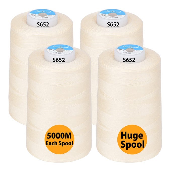 ALL PURPOSE SEWING THREAD FROM 100 SPUN POLYESTER FOR SERGER OVERLOCK MERROW QUILTING SEWING 4 BIG CONES OF 5000M 5500 YARDS EACH 40S2 IVORY WHITE