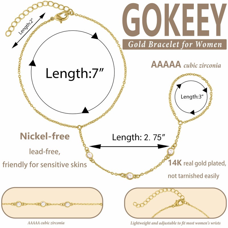 Gokeey Hand Chain Bracelet for Women, 14K Gold Plated Dainty Cubic Zirconia Bracelet Finger Ring Chain for Women Body Jewelry Fashion Stuff - Image 4