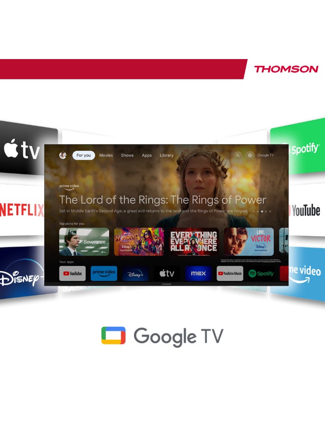 Thomson تلفاز Thomson 65" QLED Pro بتصميم قاعدة مركزية - موديل 2025 بمعدل تحديث 144Hz، 4K UHD، Dolby Vision و Atmos، تحكم صوتي ذكي، مساعد صوتي من Google، شاشة بدون إطار، تلفاز فاخر - Image 2