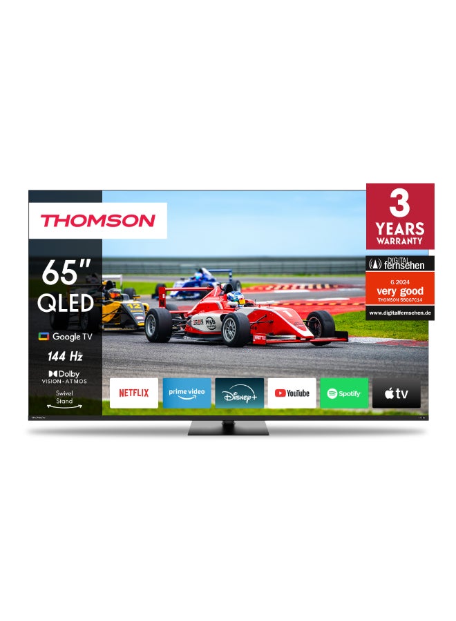 Thomson تلفاز Thomson 65" QLED Pro بتصميم قاعدة مركزية - موديل 2025 بمعدل تحديث 144Hz، 4K UHD، Dolby Vision و Atmos، تحكم صوتي ذكي، مساعد صوتي من Google، شاشة بدون إطار، تلفاز فاخر - Image 1