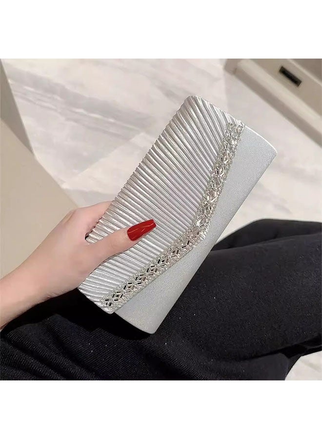 حقيبة المقابل النسائية, حقيبة المقابل الليلية براقة لامعة, حقيبة اليد المظروف مع سلسلة قابلة للإزالة, حقيبة Crossbody لحفلة حفل الزفاف الرسمية العروس, الفضة - Image 2