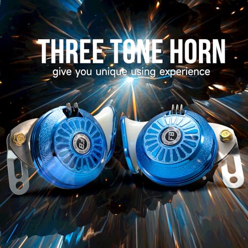 AOLIHAN Loud Car Horn Kit，3-Tone Train Horn with Different Sounds,130db High & Low Tone Truck Horns,12V Blue Fashion Dual Horns for Truck/Motorcycle/Car/E-Bike/SUV - Image 2