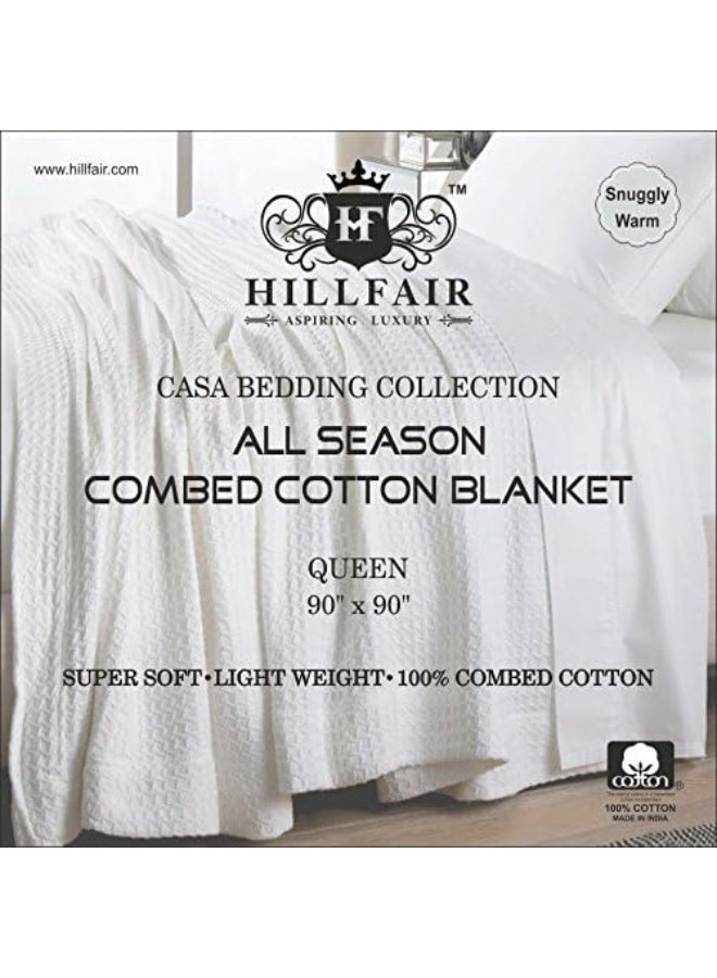HILLFAIR 100% Combed Cotton Blanketâ€“ Queen Bed Blanketâ€“ Soft Cozy Warm Multipurpose Throws for Luxury Home Decorâ€“ 90 x 90 inch Queen Size Cotton Blankets for Beds- Bed Blankets for All Season- Blue - Image 5