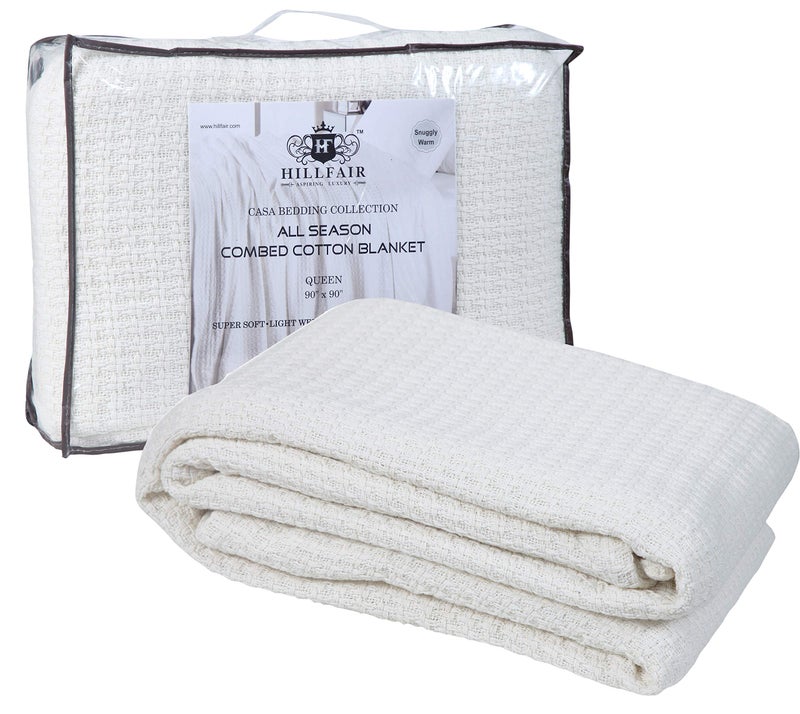 HILLFAIR 100% Combed Cotton Blanketâ€“ Queen Bed Blanketâ€“ Soft Cozy Warm Multipurpose Throws for Luxury Home Decorâ€“ 90 x 90 inch Queen Size Cotton Blankets for Beds- Bed Blankets for All Season- Blue - Image 1