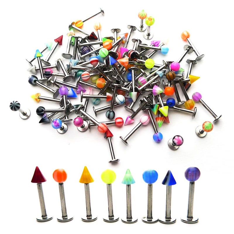 Groupcow 100pcs Stainless Steel Labret Lip Bar Ring Body Piercing Barbell Jewelry Ball - Image 1