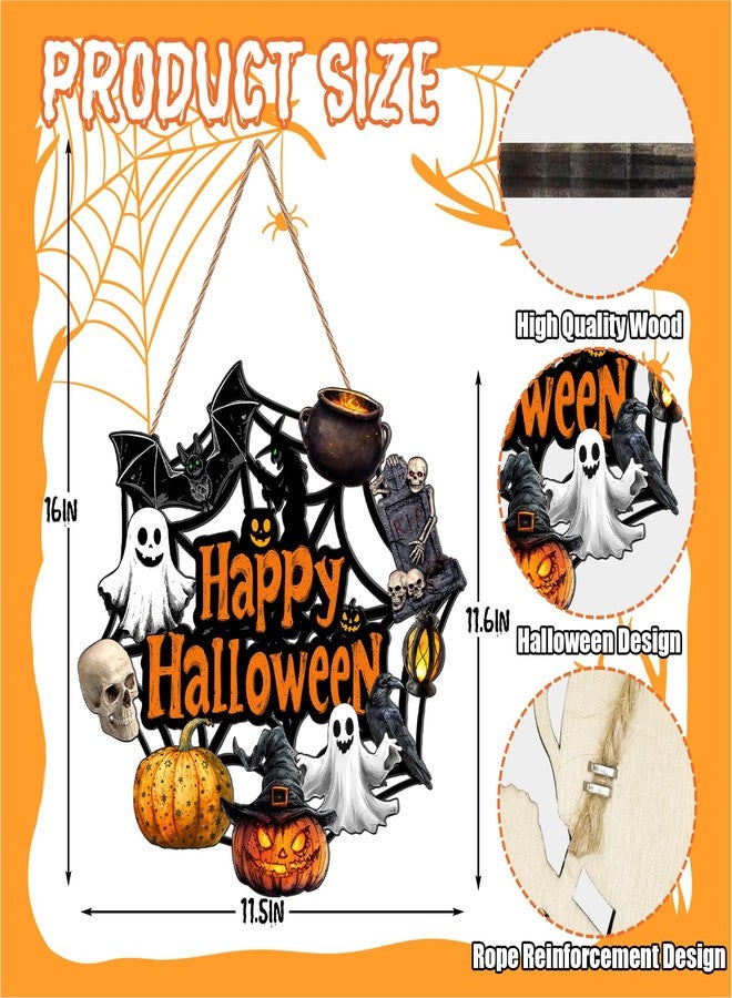 SNILOAW Halloween Door Decoration Wooden Ghost Wreath for Front Door Sign Pumpkin Bat Witch Wreath Hanging for Home Wall Decor Halloween Party Outdoor Indoor Supply - Image 3
