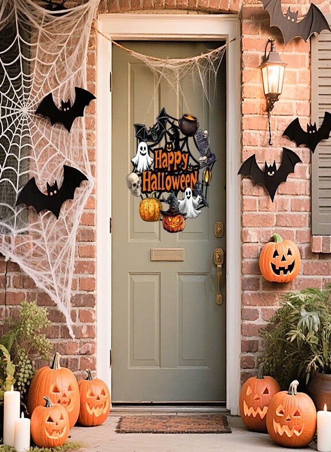 SNILOAW Halloween Door Decoration Wooden Ghost Wreath for Front Door Sign Pumpkin Bat Witch Wreath Hanging for Home Wall Decor Halloween Party Outdoor Indoor Supply - Image 4
